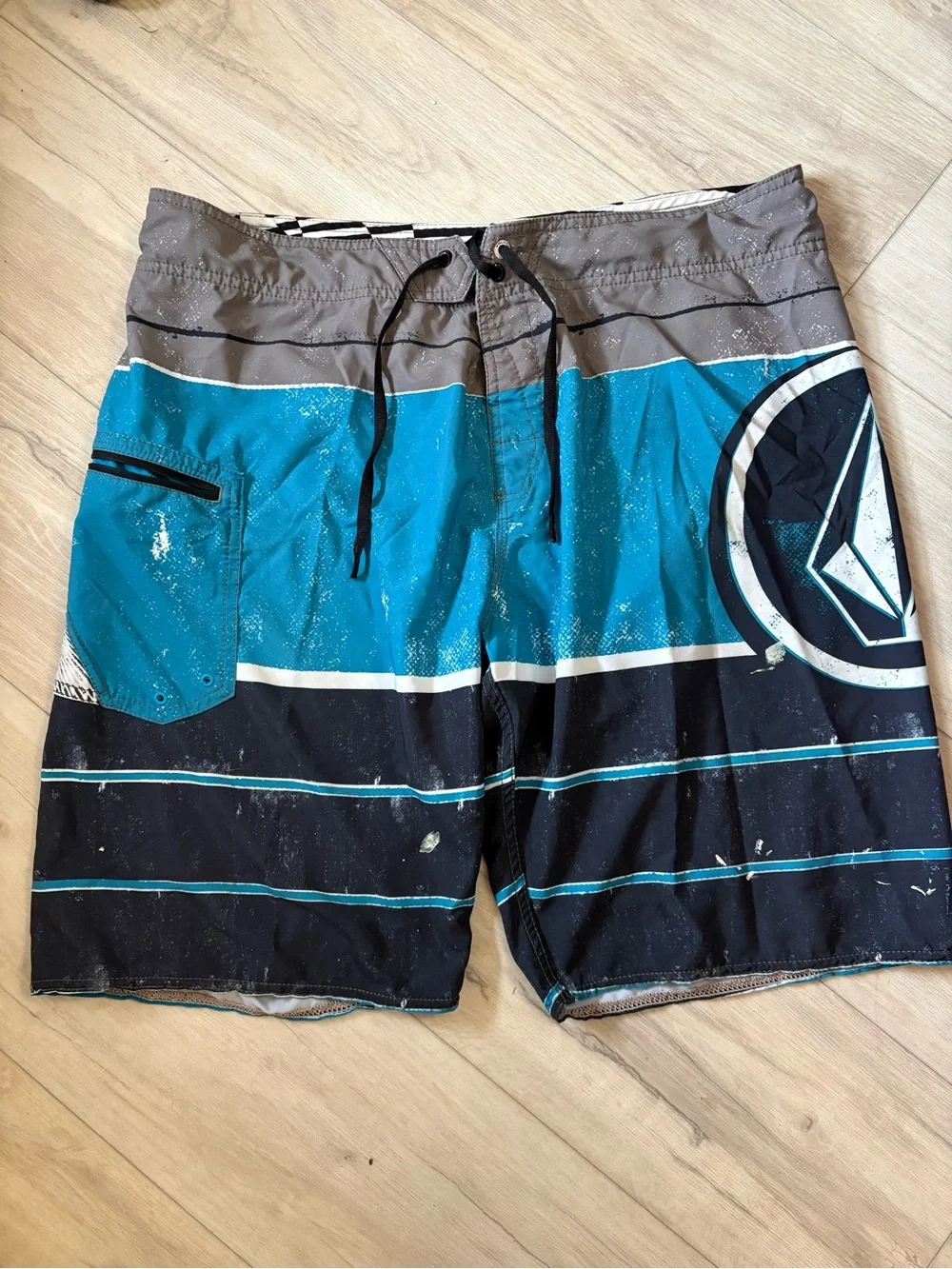 Volcom Teal, Black and Gray Striped Board Shorts Sz 36